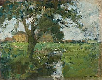 带前景树和灌溉沟的农场环境`Farm Setting With Foreground Tree And Irrigation Ditch (1900 02) by Piet Mondrian