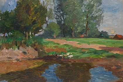 池塘边有鸭子的村庄景观`Dorflandschaft mit Enten an einem Weiher (1900) by Thomas Herbst