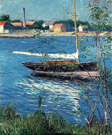 停泊在塞纳河畔阿金泰尔的船`Boat Moored on the Seine at Argenteuil by Gustave Caillebotte