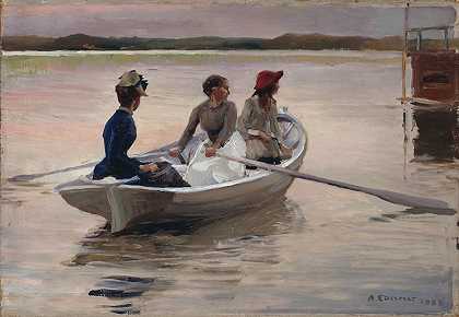 划船的女孩（群岛的夏天）`Girls in a Rowing Boat (Summer in the Archipelago) (1883) by Albert Edelfelt