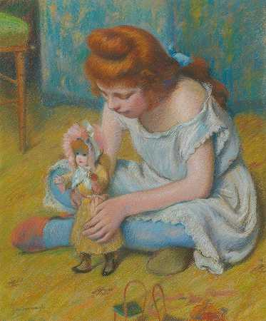 玩洋娃娃的小孩`Enfant Jouant À La Poupée (Young Girl Playing With A Doll) by Federico Zandomeneghi