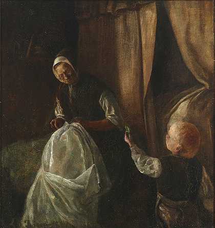 一个男孩递给他的祖母一颗绿豌豆`En dreng rækker sin bedstemor en grøn ært (1881) by L.A. Ring