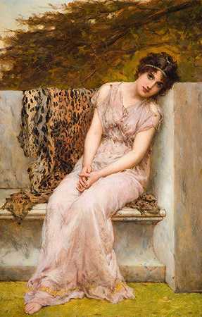 一位年轻女子坐在大理石座椅上的肖像`Portrait Of A Young Woman Sitting On Marble Seat (1882) by William Oliver