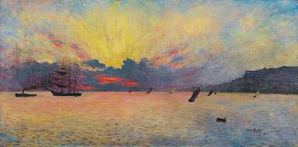 圣海-地址，暮色`The Sea At Sainte Adresse, Twilight (1907) by Siebe Johannes Ten Cate