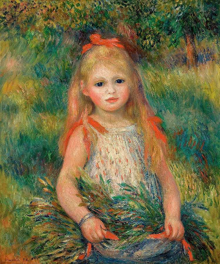 带花的女孩`Girl with Flowers by Pierre-Auguste Renoir