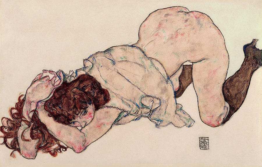 跪着的女孩，双肘休息`Kneeling Girl, Resting on Both Elbows by Egon Schiele