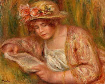 安德烈戴着帽子，读书（安德烈戴着帽子，读书）`Andrée in a Hat, Reading (Andrée en chapeau, lisant) (c. 1918) by Pierre-Auguste Renoir