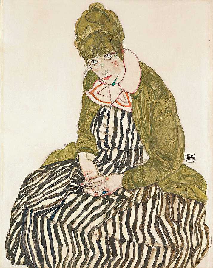 伊迪丝穿着条纹连衣裙坐着`Edith with Striped Dress, Sitting by Egon Schiele