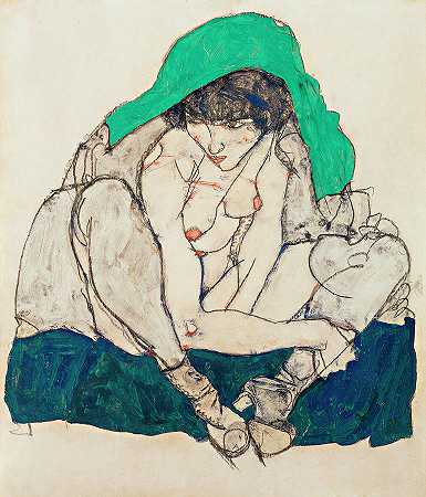 戴着绿色头巾的蹲着的女人`Crouching Woman with Green Headscarf by Egon Schiele
