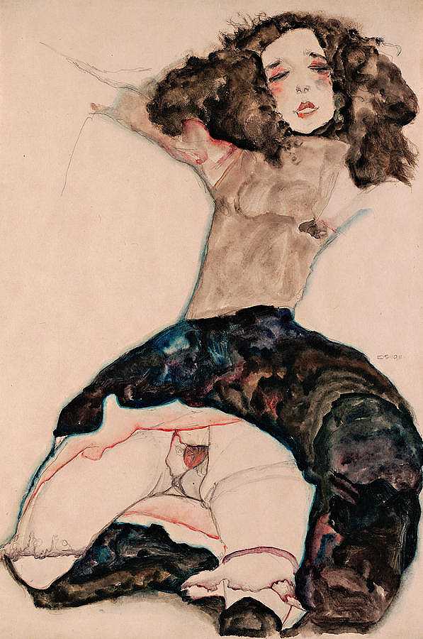 黑发女孩，裙子高挑`Black-Haired Girl with Lifted Skirt by Egon Schiele