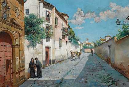 格拉纳达街`Calle En Granada (In The Street, Granada) (1920) by Manuel García y Rodríguez