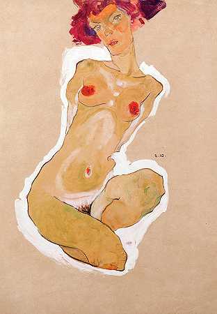 蹲式裸体女性`Squatting Female Nude by Egon Schiele