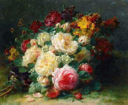 一束卷心菜玫瑰`A Bouquet Of Cabbage Roses by Jean-Baptiste Robie