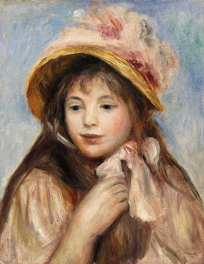 戴粉色帽子的女孩`Girl with Pink Bonnet by Pierre-Auguste Renoir