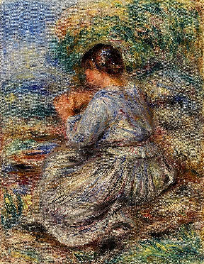 坐在风景中的女孩`Girl Seated in a Landscape by Pierre-Auguste Renoir