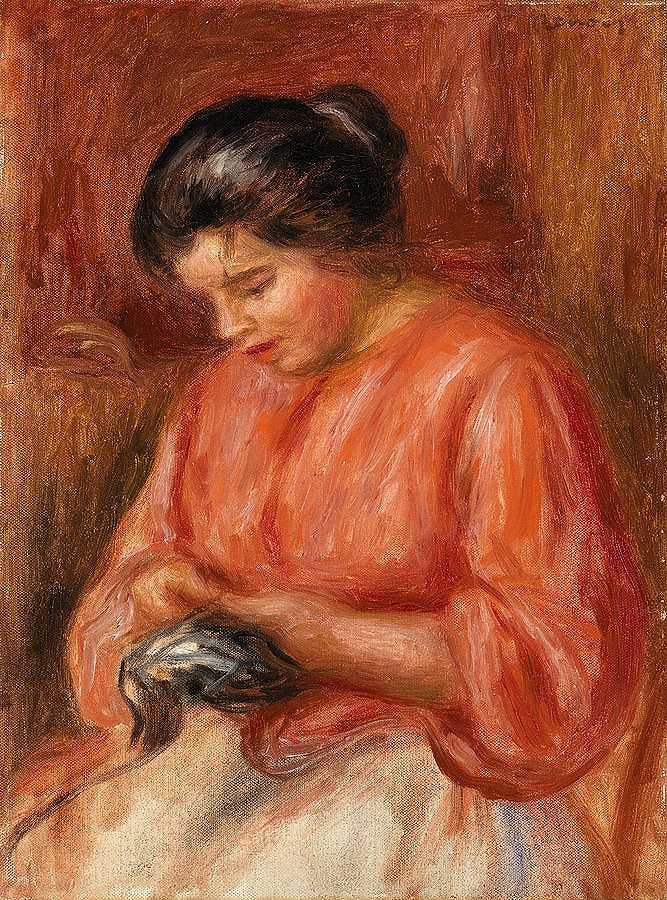 女孩织补`Girl Darning by Pierre-Auguste Renoir