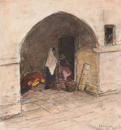 在Chioggia，穿着东方服装的女人在街头表演`Straattafereel met oosters geklede vrouwen te Chioggia (1888) by Carel Nicolaas Storm van ;s-Gravesande