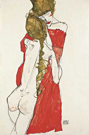 头发蓬乱的女孩，裙子高挑`Haired Girl with Lifted Skirt by Egon Schiele