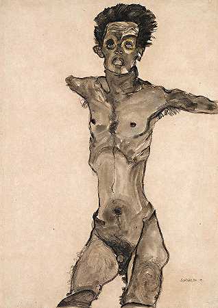 张开嘴的灰色裸体自画像`Nude Self-Portrait in Gray with Open Mouth by Egon Schiele