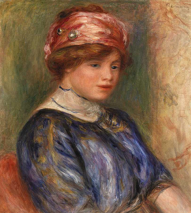 穿蓝色胸罩的年轻女子`Young Woman in Blue, Bust by Pierre-Auguste Renoir