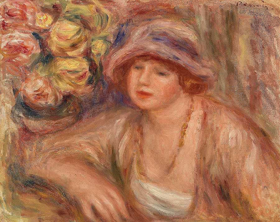女人倾向`Woman Leaning by Pierre-Auguste Renoir