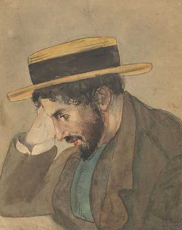 一个戴着零散帽子的年轻人的肖像`Portret van een jongeman met strooien hoed (1878) by Jan Veth