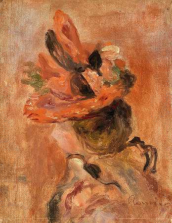 戴着红帽子的女人的头`Woman\’s Head with Red Hat by Pierre-Auguste Renoir