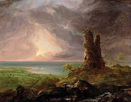 毁坏的塔，地中海海岸的塔景`Ruined Tower, Mediterranean Coast Scene with Tower by Thomas Cole
