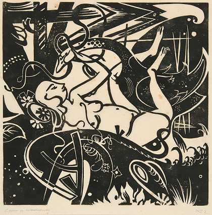 莱达和天鹅`Leda and the Swan (1917) by Heinrich Campendonk