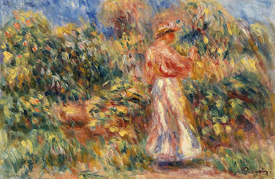 穿着粉色和白色衣服的女人的风景`Landscape with Woman in Pink and White by Pierre-Auguste Renoir