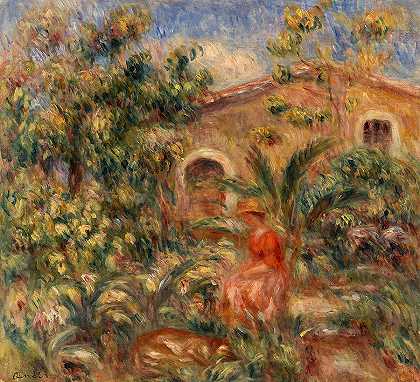 女人和狗的风景`Landscape with Woman and Dog by Pierre-Auguste Renoir