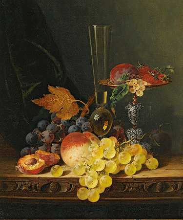 带塔扎、水果和酒杯的静物画`Still Life With A Tazza, Fruit And A Wine Glass by Edward Ladell