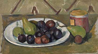 盛满水果和果酱的盘子`Plate with Fruit and Pot of Preserves by Paul Cezanne