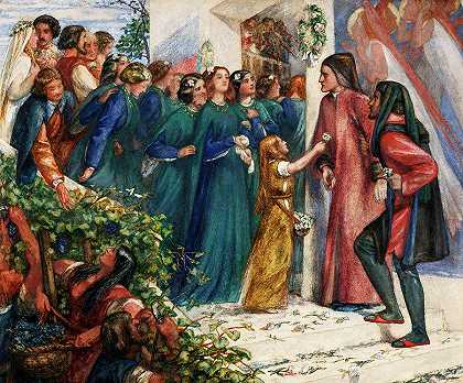 比阿特丽斯在婚宴上遇到但丁，拒绝向他致意`Beatrice meeting Dante at a marriage feast, denies him her salutation by Dante Gabriel Rossetti