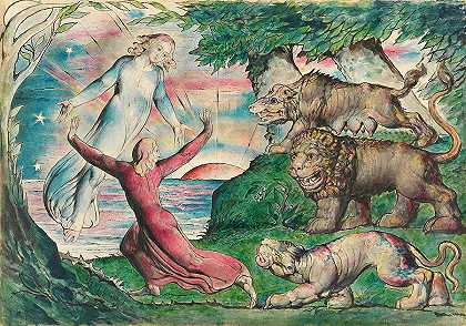 但丁在三只野兽面前奔跑`Dante running from the three beasts by William Blake