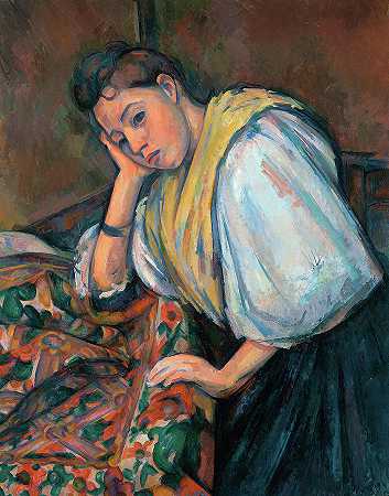 一位年轻的意大利女士坐在桌子旁`Young Italian Woman at a Table by Paul Cezanne