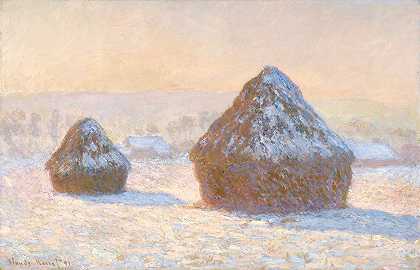 小麦堆，雪效应，早晨`Wheatstacks, Snow Effect, Morning (1891) by Claude Monet