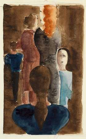 四色研究楼梯上的女人`Four~colour study for ;Women on Stairway (1925) by Oskar Schlemmer