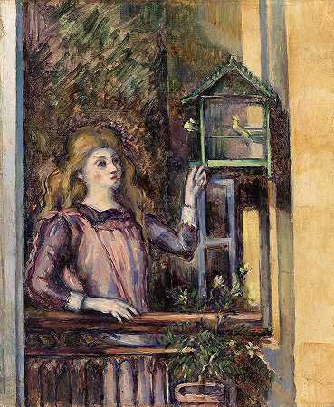 带鸟笼的女孩`Girl with Birdcage by Paul Cezanne