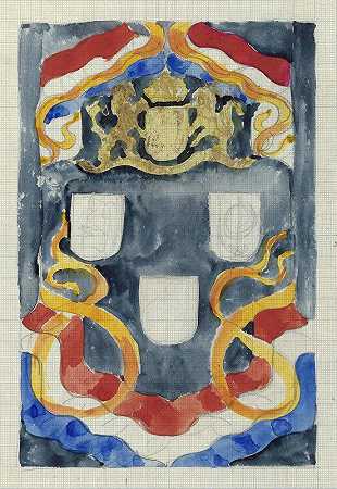 带有国家盾徽、旗帜和横幅的装饰设计`Decoratief ontwerp met het rijkswapen, vlaggen en vaandels (1874 ~ 1945) by Carel Adolph Lion Cachet