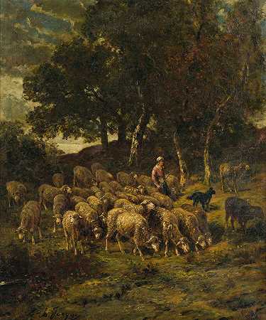 牧羊女和她的羊群`Shepherdess And Her Flock by Charles Emile Jacque