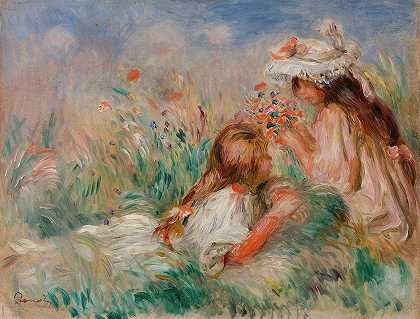 草地上的女孩们正在整理一本书（小女孩躺在草地上，小女孩正在整理一本书）`Girls in the Grass Arranging a Bouquet (Fillette couchée sur lherbe et jeune fille arrangeant un bouquet) (c. 1890) by Pierre-Auguste Renoir
