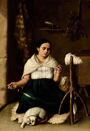女子纺纱（希拉德拉）`Woman Spinning (Hilandera) (1859) by Luis Cadena