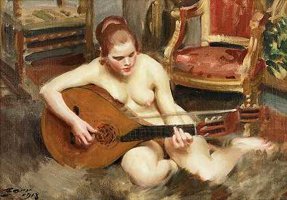 带吉他的裸体女人`Nude Woman with Guitar by Anders Zorn