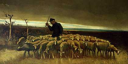 牧羊人和他的羊群`Shepherd and his flock by Vincent Van Gogh