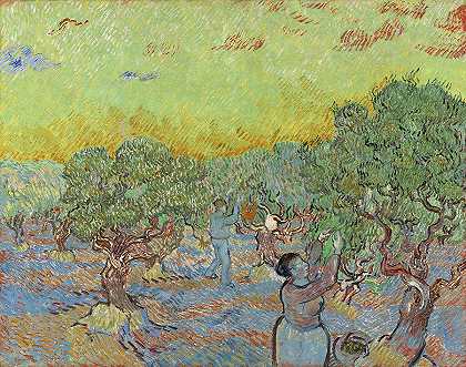两个采摘橄榄的橄榄园`Olive grove with two olive pickers by Vincent Van Gogh