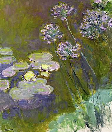 睡莲和八角莲`Waterlilies and agapanthus by Claude Monet