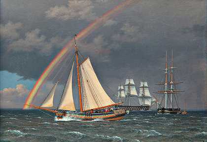 彩虹在海上航行`Rainbow at Sea with some cruising by Christoffer Wilhelm Eckersberg
