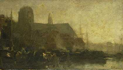 多德雷赫特港的船只`Schepen in de haven van Dordrecht (1880 ~ 1899) by Jacob Maris