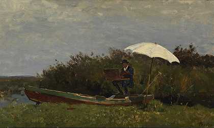 画家加布里埃尔在船上工作`The Painter Gabriël Working in a Boat (1882) by Willem Bastiaan Tholen
